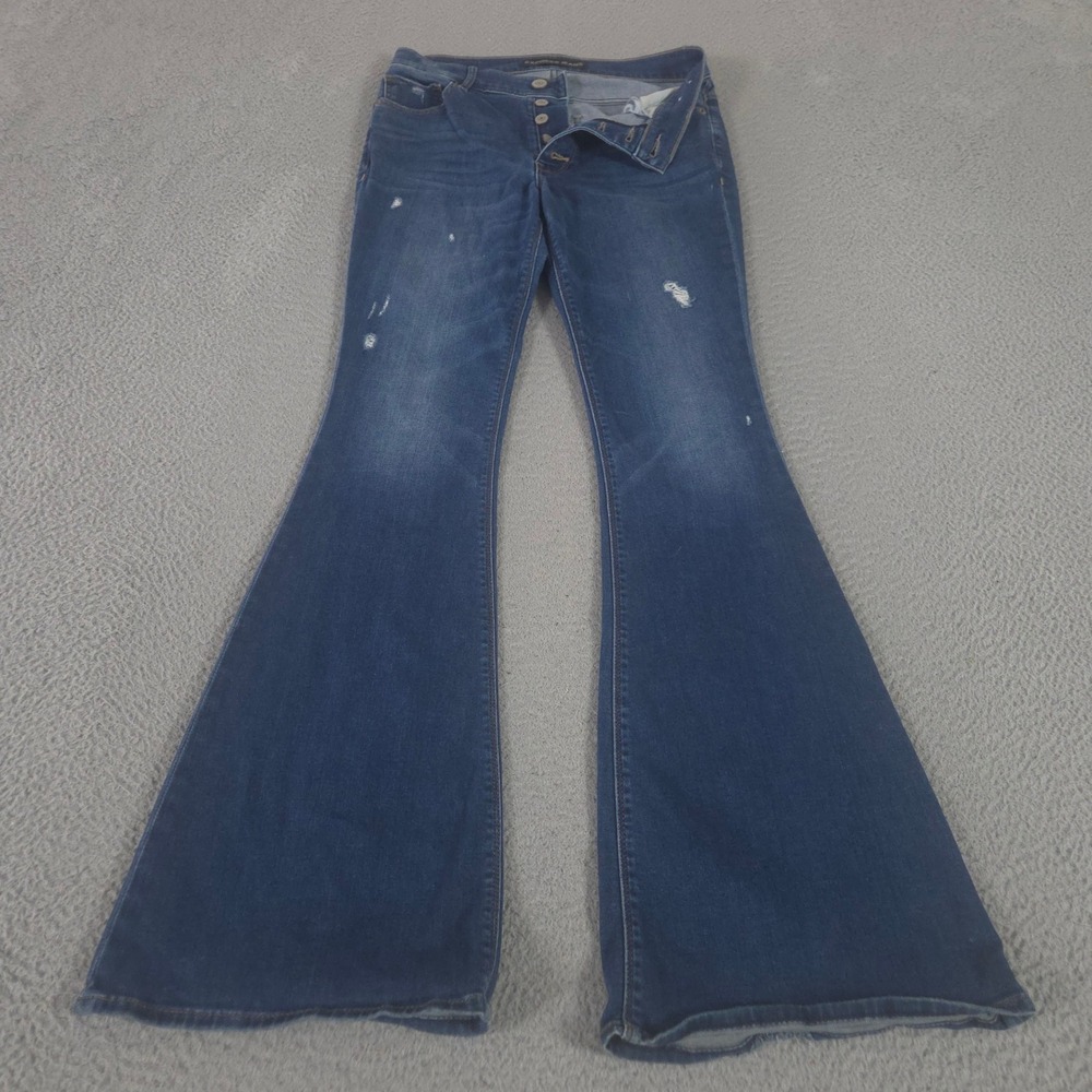Express Jeans Womens 6 Long Blue Bell Flare Distressed Button Fly Stretch Denim